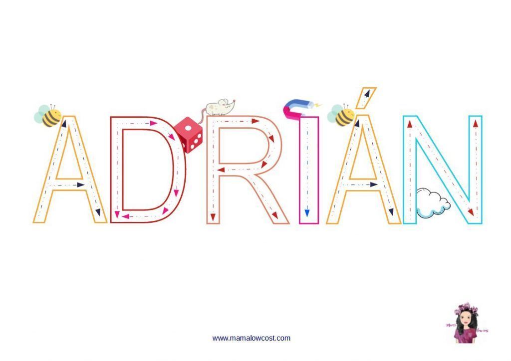 Adrián escrito con letras para repasar. Nombres para repasar