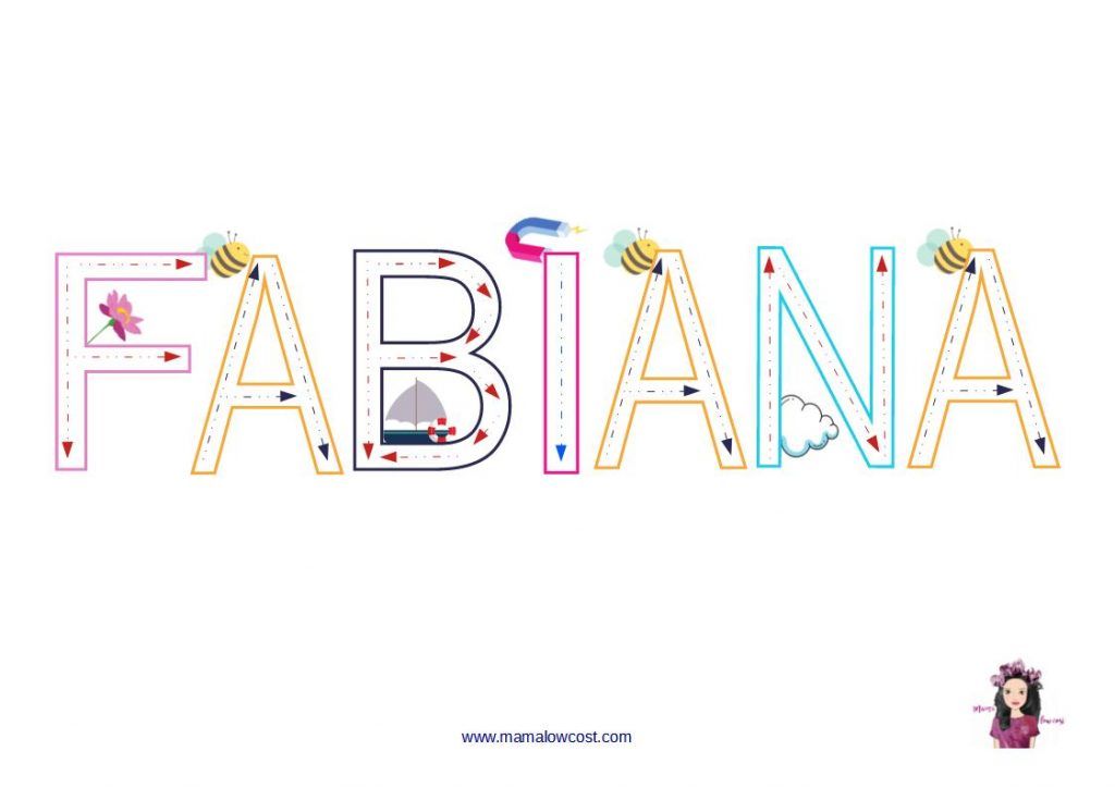 Fabiana escrito con letras punteadas. Nombres para repasar
