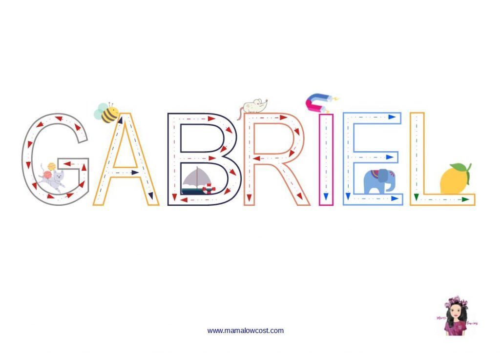 Gabriel escrito con letras punteadas. Nombres para repasar