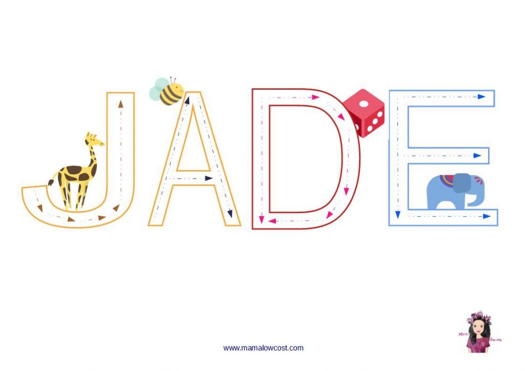 nombre JADE escrito con letras punteadas. Nombres para repasar