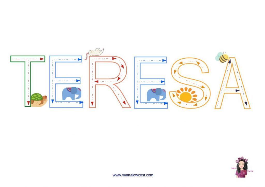 Teresa escrito con letras punteadas. Nombres para repasar