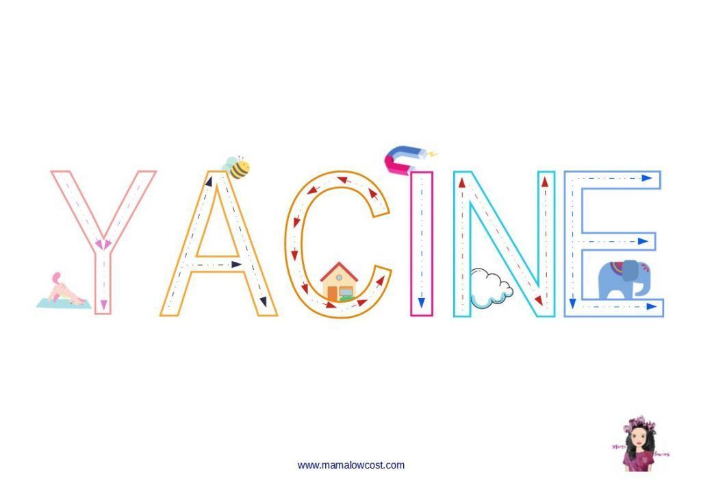 Yacine escrito con letras punteadas. Nombres para jugar