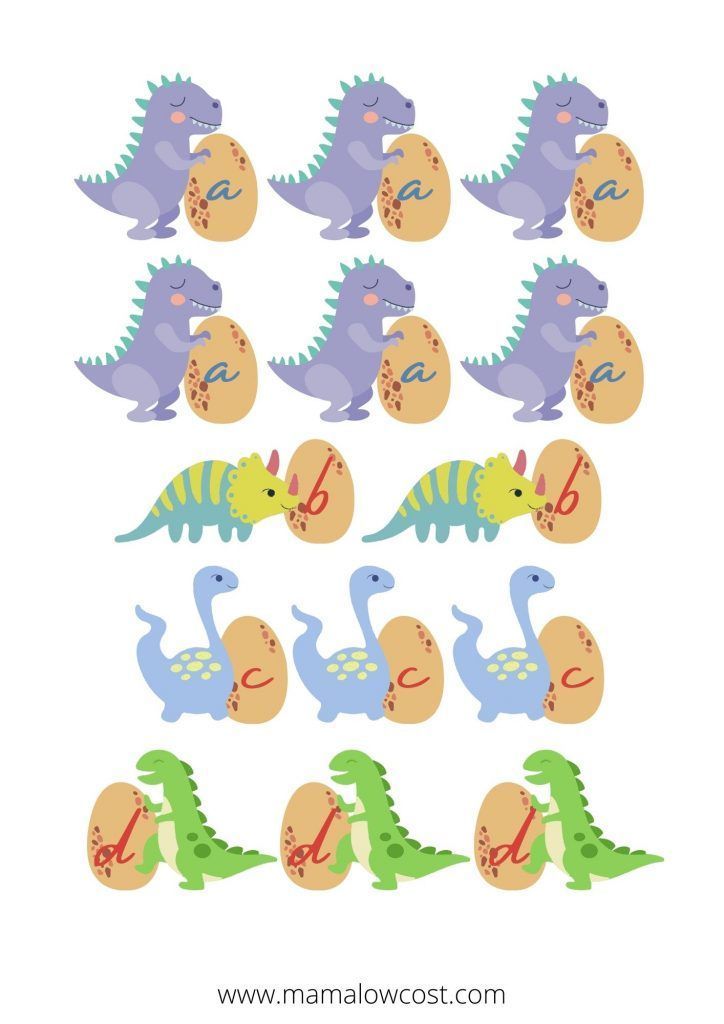 Abecedario en minúscula puesto letra por letra dentro de huevos sujetador por dinosaurios y material imprimible