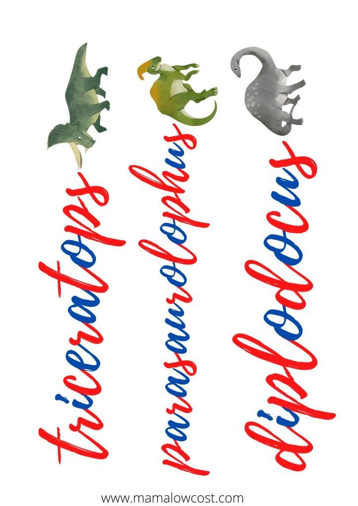 Imágenes de dinosaurios y sus nombres en letra ligada. Dinosaurios y material imprimible