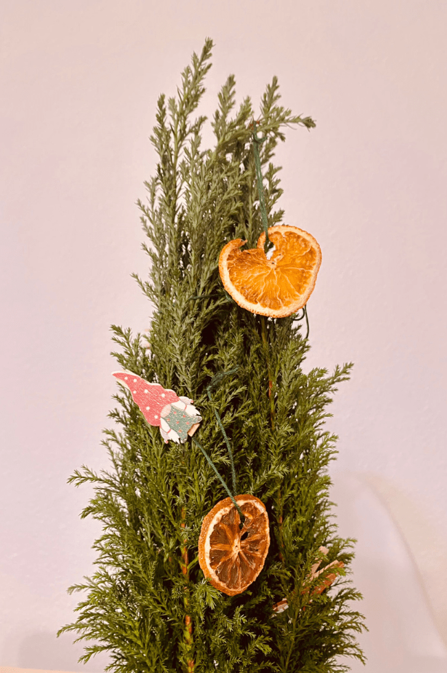 Arbolito mini adornado con frutas deshidratadas. Adornos navideños caseros