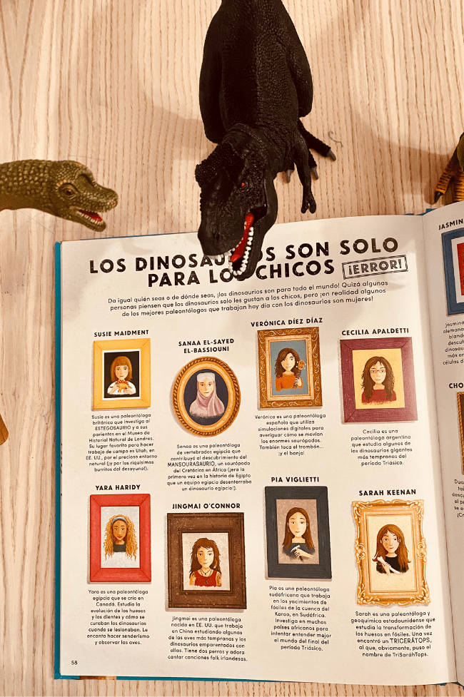 dibujos de paleontólogas en libros de dinosaurios