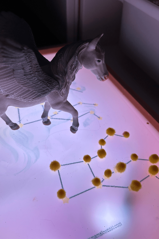 pesado de la marca schleich junto a recurso educativo de constelacion pegasus 