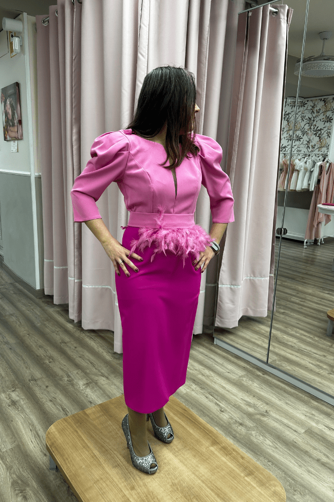 vestido de ceremonia fucsia y rosa