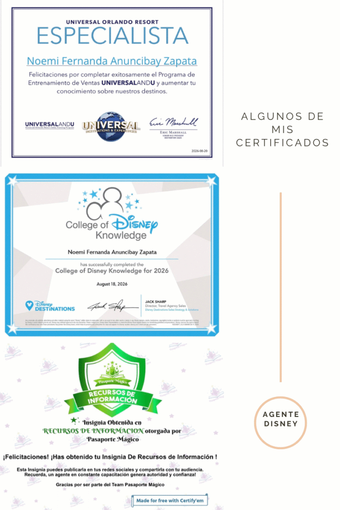 Certificados Disney , universal y pasaporte magico 